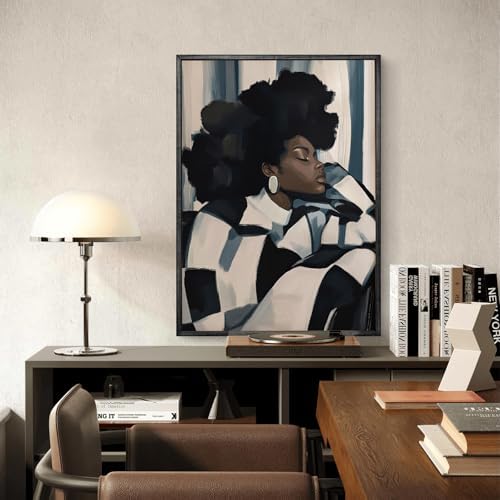 Black Woman Canvas Wall Art African American Wall Decor, 16"x24" Unframed | Abstract Black Girl Art Poster, Contemplative Afro Woman Portrait Painting Print, Feminine Energy Poster for Bedroom Decor