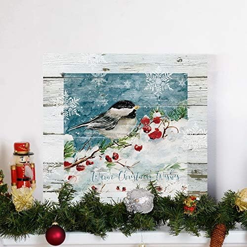 Renditions Gallery Christmas Abstract Wall Art Chickadee Bird Sitting in a White Snowed Cherry Tree Canvas Hanging Artwork Prints for Bedroom Office Home Kitchen - 24"X24" LT05