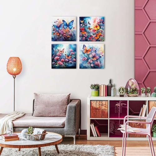 Butterfly Wall Art Colorful Floral Pictures Wall Decor Abstract Wildflower Canvas Prints Watercolor Daisy Poppy Flowers Painting Nature Flowers Artwork for Living Room Home Decorations 20x20" 4Pcs