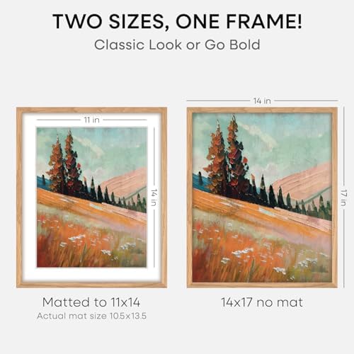 Homeforia 14x17 Natural Oak Picture Frame, High-End Wood, 11x14 Mat, Glass