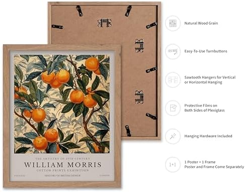 Monem Art William Morris Poster - Orange Tree Print - Orange Fruit Decor - Botanical Design - Exhibition Art - Floral Motif - Farmhouse Theme - Living Room Decor - 16x20 Beige Framed