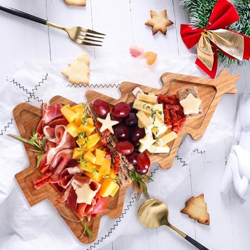 Acacia Wood Christmas Tree Tray - Decorative Serving Platter, Festive Plate, Xmas Dish & Wooden Charcuterie Board for Holiday Gift, Cheese, Fruit, Veggie & Cookie, Food, Snack, 16” x 10”