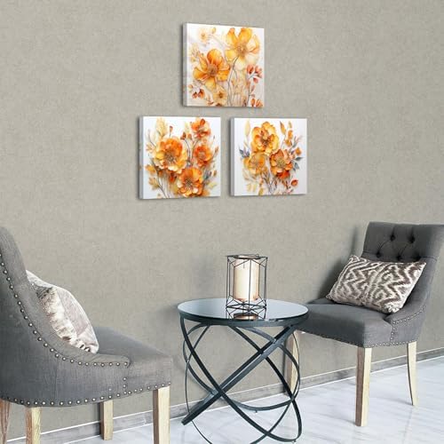 AIYISU Orange Poppy Floral Wall Art Wildflower Canvas Prints Pictures Abstract Nature Autumn Flowers Painting Minimalist Modern Artwork for Living Room Bathroom Office Home Decorations 16x16 3Pcs