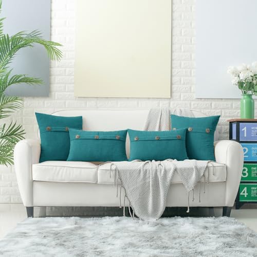 HWY 50 Teal Chenille Throw Pillow Covers 20x20 Inch Buttons Pack of 2