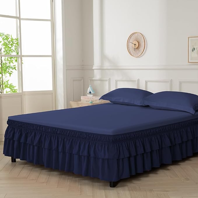 Double-Layered Ruffled Bed Skirt,Navy,King/Cal King, 14" Drop | Wrap Around, Adjustable Elastic, 2 Layer, Machine Washable Soft Fabric, Multi Ruffle Bedskirt