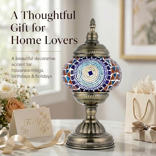 GOGERS Turkish Moroccan Table Lamp Lantern with Handmade Mosaic Glass Lampshade Tiffany Style Bohemian Stained Glass Decorative Desk Lamps Bedside Night Lights for Bedroom (Blue Colorful)