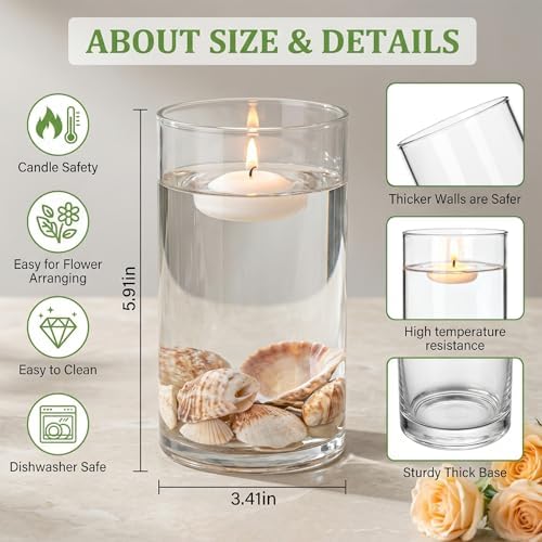 12pcs Thick Glass Cylinder Vase, 6 Inch Clear Glass Flower Vases | Floating Candle Holders for Centerpieces,Cylinder Vases Bulk Weighted Base for Wedding, Home & Dining Table Décor Gift