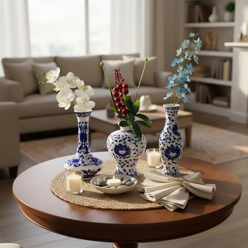 Blue and White Vase Set of 3, Mini Ceramic Bud vase Centerpiece | for Wedding, Birthday, Party, Table, Farmhouse Decoartions