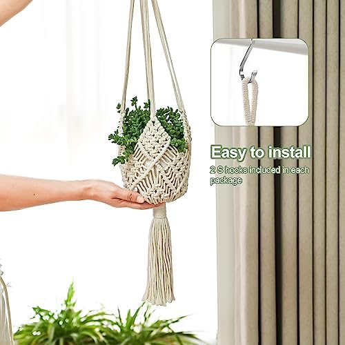 Hanging Planter with Patterns,4Packs Macrame Plant Hangers Indoor Macrame for up to 8 inch Pot Crochet Boho Plant Hanger Holder for Indoor Outdoor with 4 Stainless Steel Hooks (4Pcs White Colors)