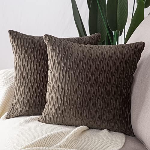MADIZZ Set of 2 Super Soft Velvet Decorative Throw Pillow Covers 24x24 inch Brown Square with Texture Luxury Style Cushion Case European Pillow Shell for Sofa Bedroom