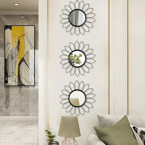 3 Pack Metal Mirrors for Wall Sunburst Wall Mirrors Home Décor Decorative Hanging Wall Art for Living Room Bedroom Entryway (Black, Flowers)