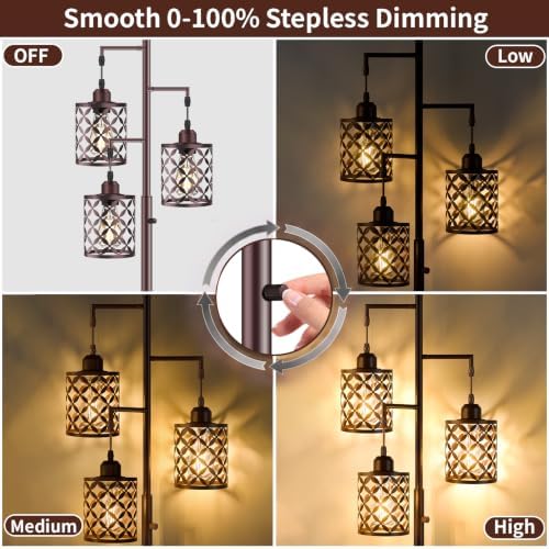 72" Industrial Tree Floor Lamp, Dimmable Farmhouse Tall Stand Light with Metal Cages & Rotary Dimmer Knob, Corner Decor Lighting for Living Room Bedroom Cafe, 3 x 800LM Bulbs Included-Brown