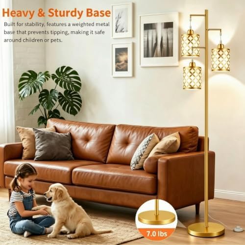 72" Dimmable Floor Lamp with Remote & Timer, Modern Industrial Standing Lamp for Living Room Bedroom, 3 Individually Controlled Heads, 2 Height Options, 3 x 800LM LED Bulbs Included - Gold