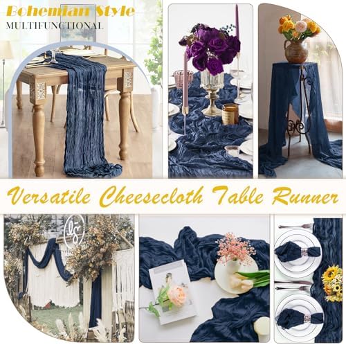 Navy Blue Cheesecloth Table Runner 6 Pack 35" Boho Gauze Runner 120 inches Long Runner Rustic Sheer Fabric Bulk for Baby Shower Wedding Bridal Birthday Party Table Decorations