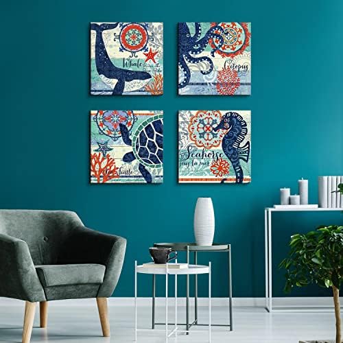 4 Panel Teal Blue Home Wall Art Decor Framed Artwork for Bathroom Living Room Canvas Print Beach Coastal Sea Turtle Octopus Seahorse Whale Pictures Posters Bedroom Decoration 20 x 20 / Piece Set