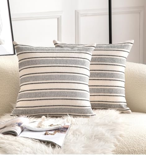 Cethom Decorative Boho Throw Pillow Covers, Farmhouse Textured Pillow Case, 18 x 18 Inch Set of 2, Chair Sofa Bedroom Living Room Home Decor Couch Cushion Case, Black and Beige Striped