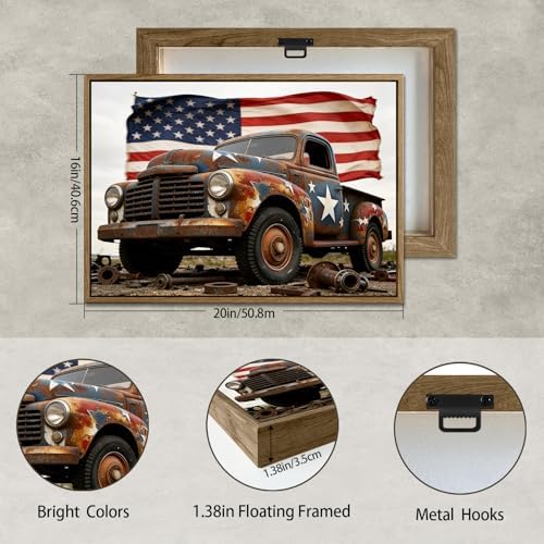 American Flag Framed Canvas Wall Art, 4th of July Patriotic Canvas Prints | USA Flag with Truck Poster Print, Vintage Independence Day Wall Decor for Bedroom Living Room Dining Room Office 16×20in