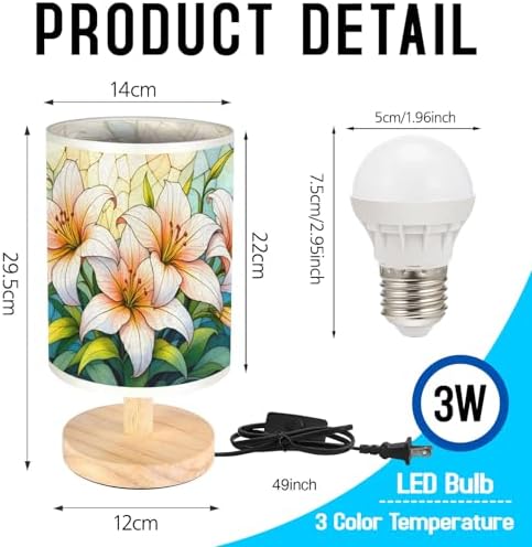 Lilies Table Lamp LED 3-Color Pressed Bedside, Lilies Shade Lamp with Wood Base for Bedroom Living Room Desk Office TL01
