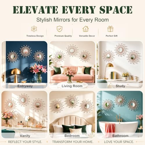 3 Pack Metal Mirrors for Wall Sunburst Wall Mirrors Home Décor Decorative Hanging Wall Art for Living Room Bedroom Entryway (Rose Gold2 Crystal, Sunburst)