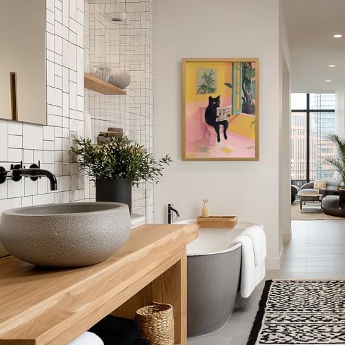 Cyebmo Funny Bathroom Wall Art, Cute Black Cat Sitting on Toilet Reading Newspaper Wall Decor, Whimsical Pink Abstract Animal Canvas Artwork for Bathroom Kid's Restroom Bedroom Wood Framed 16x24 Inch