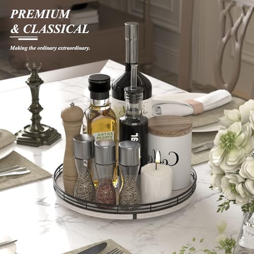 AMH 12-Inch Whitewashed Farmhouse Lazy Susan Tray with Black Metal Frame