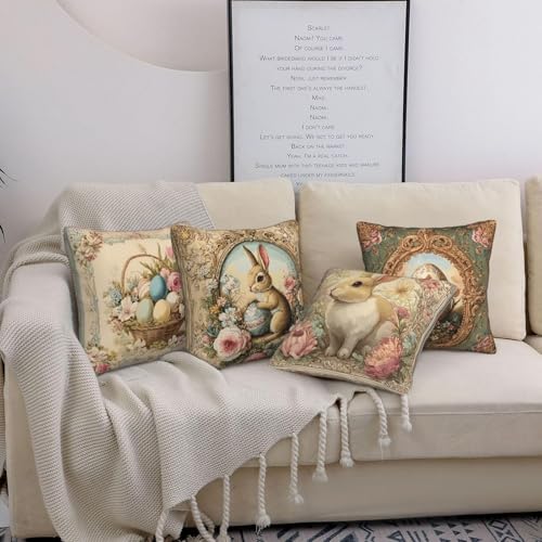 Easter Bunny Egg Vintage Throw Pillow Covers Set of 4 Decorative Soft Double Sided Print Pillow Case Farmhouse Home Decor for Living Room Sofa Couch 18x18