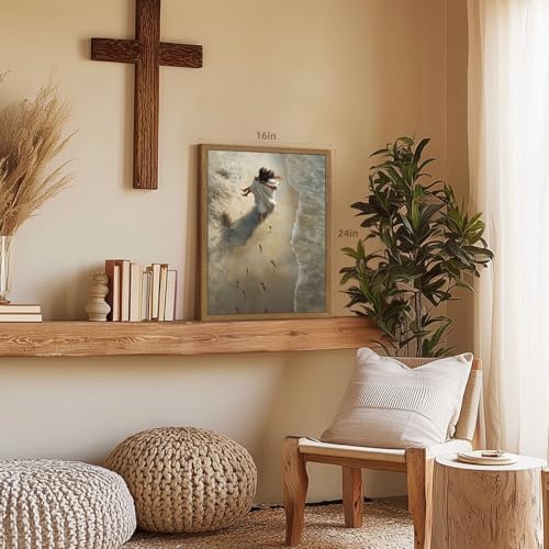 EisEver Jesus Hugging Woman Wall Art, Christian Beach Footprints Wall Decor, Inspirational Religious Faith Artwork, Jesus on Beach Canvas Painting for Church Prayer Room Wood Framed 12x16 Inch