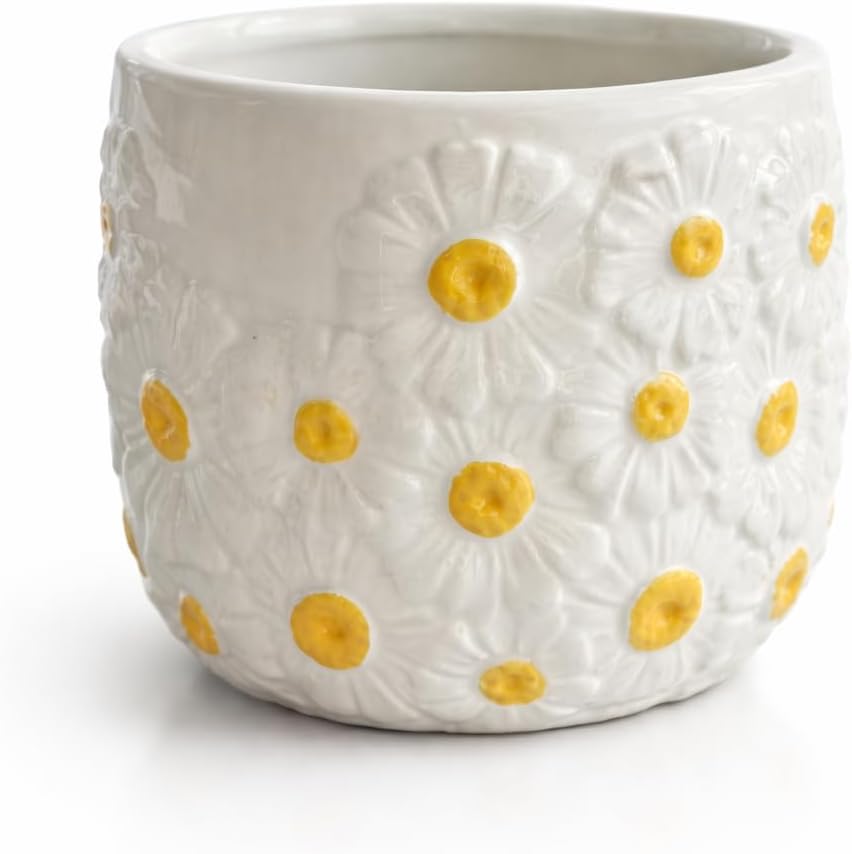 4.5 Inch Ceramic Planter Pot with Drainage Hole-Indoor Outdoor Flower Pot for Houseplants, Succulents & Flowers, Home Decor, Daisy Pattern
