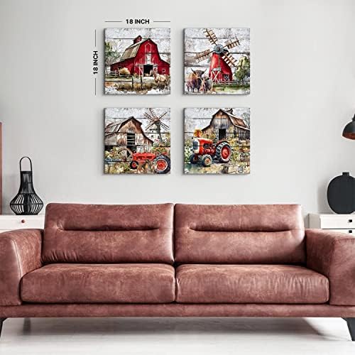 Country Wall Art Farmhouse Barn Pictures Wall Decor Rustic Windmill Rusty Truck Canvas Prints Posters Watercolor Cattle Horses Painting Farm Artwork for Bathroom Living Room Decorations 18x18”4Pcs