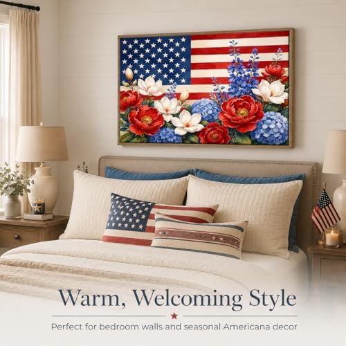 American Flag Framed Canvas Wall Art, 4th of July Floral Canvas Prints | Wildflower Landscape Poster Print, Vintage Rustic Independence Day Wall Decor for Bedroom Living Room Office 11×14in