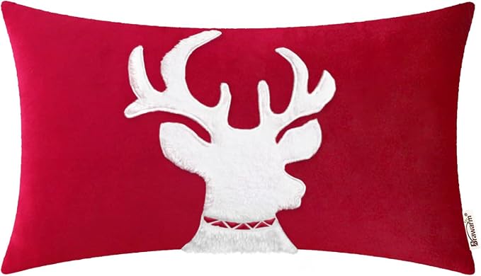 BRAWARM Christmas Pillow Cover 12 X 20 Inches, Christmas Red Reindeer Embroidered Lumbar Pillow Cover, Soft Velvet Decorative Throw Pillow for Couch Bed Sofa Living Room Home