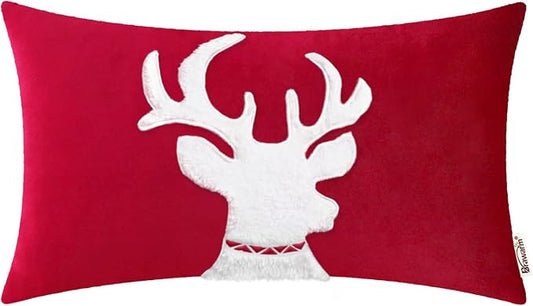 BRAWARM Christmas Pillow Cover 12 X 20 Inches, Christmas Red Reindeer Embroidered Lumbar Pillow Cover, Soft Velvet Decorative Throw Pillow for Couch Bed Sofa Living Room Home