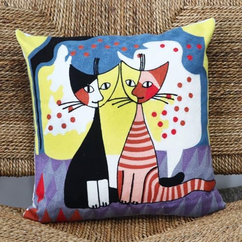 1 Pcs Embroidered Decorative Throw Pillows Covers for Sofa Decor Cushion Cases 18 x 18 Inch (Cute Cat)
