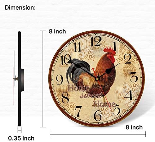TAHEAT Farmhouse Rooster Wall Clock Battery Operated Silent Arabic Numerals Clock, Country Vintage Wall Clocks for Home/Office/School, 8 Inch