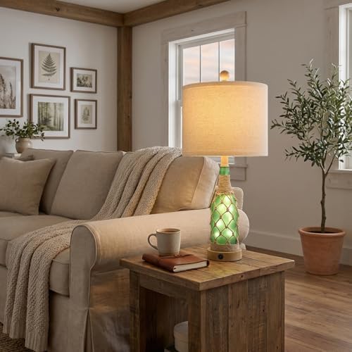 OYEARS 23'' Boho Table Lamps with Night Light for Living Room, Bedside Lamps Set of 2 with A+C Charging Ports for Bedroom, Farmhouse USB Lamps for Nightstand Console, Glass Bottle Rope Base, Green