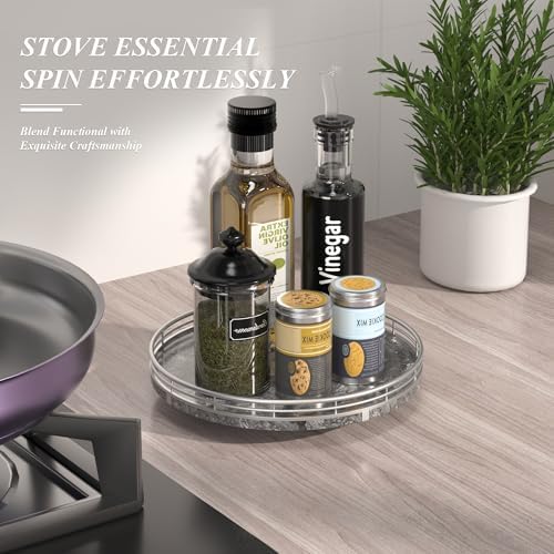 AHM10-Inch Gray Marble Lazy Susan with Silver Iron Frame