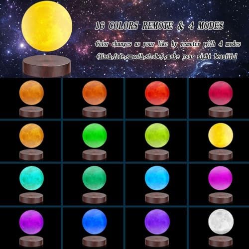 Levitating Moon Lamp.Floating and Spinning in Air Freely with Luxury Wooden Base and 3D Printing LED Moon Light Colors,for Unique Gifts,Room Decor,Night Light,Office Desk Tech Toys -6 Inch