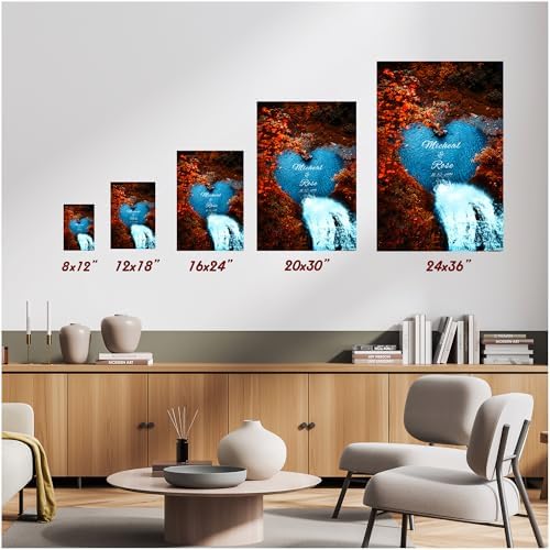 Water Fall or Anniversary Canvas Poster Prints Artwork with Couple's Names in Water Heart,Perfect Love Gift for Newlyweds Canvas Poster UNFRAMED
