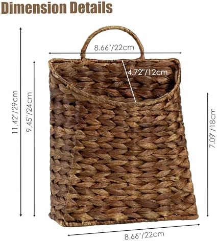 PINXIURY Water Hyacinth Hand Woven Basket, Wicker Hanging Wall Basket, handmade Decor & Storage Organizer for Entryway, Bathroom, Living Room, Farmhouse, and Front Door, 8.7 x 4.7 x 11.4 inch, Coffee