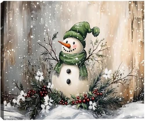 Vintage Christmas Snowman Canvas Art 16x24inch, Festive Wall Art with Snowmen in Winter Scene Paintings, Framed Winter Wonderland Decorations, Perfect for Christmas Room Decor