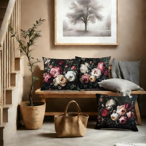 Vintage Moody Dark Antique Vintage Floral Pillow Cover 18x18 Set of 4 Double-Sided, Rustic Gothic Moody Flower Botanical Decorative Throw Pillow Cover for Home Bedroom Living Room