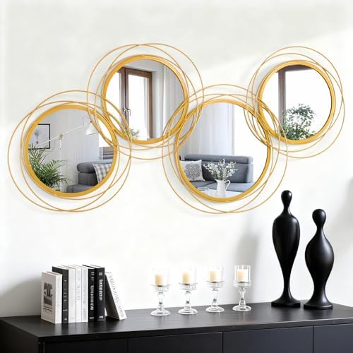 Golden Circle Mirror Set, 4 PCS Wall Metal Framed Round Mirror Modern Glass Decorative Mirrors 20x40 Inch for Living Room Bedroom Bathroom Entryway Home Decor