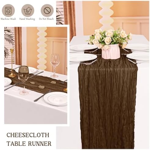 4 Pack 120 Inch Brown Cheesecloth Table Runner Boho Rustic Gauze Sheer Romantic 10 FT Long Cheese Cloth Table Runner for Bridal Baby Shower Wedding Party Birthday Holiday Home Easter Decor