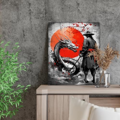 Wesluin 12"x16" Samurai Dragon Canvas – Red Sun Japanese Wall Art | Legendary duel unfolds beneath the rising crimson orb. Monochrome warrior versus beast. Hook included, ready to hang.