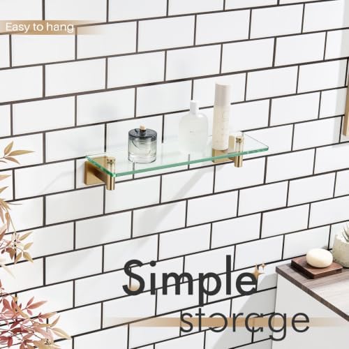 KOKOSIRI Wall Shelves Bathroom Hardware Glass Floating Shelf Small Hanging Rack Storage/Room Decor 16-Inch Champagne Bronze 2 Pack B1105CPG-L16-P2