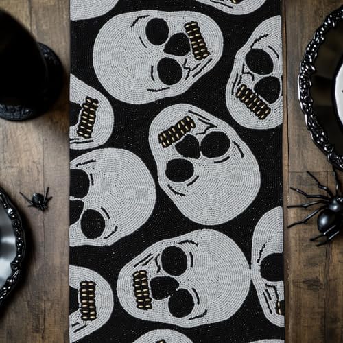 COTTON CRAFT Halloween Beaded Table Runner - Black White Skulls 13x36 inch