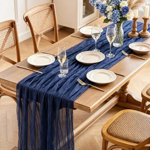 Navy Blue Table Runner, 10FT Rustic Gauze Blue Table Runner 35*120inch Boho Table Runners for Wedding Bridal Shower Birthday Baby Shower Table Centerpiece Decorations