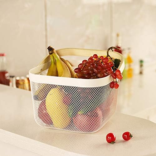 AJIODA Metal Mesh Steel Basket, Storage Organizer Basket Multi-functional Hanging Kitchen Baskets Fruit Basket Bin with Bamboo Handle for Kitchen Bathroom Picnic Shopping Decor Cabinet Home, White