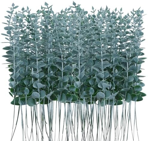 96 Pcs Eucalyptus Stems Faux Greenery Leaves Bulk Artificial Eucalyptus Stems with 15inch for branchs Decor Wedding Bouquet Centerpiece Home Decoration