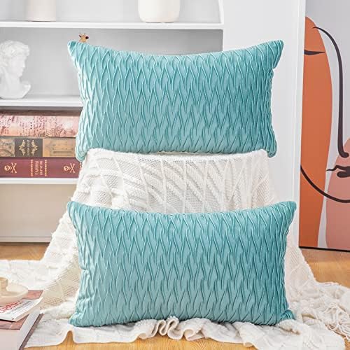 MADIZZ Set of 2 Super Soft Velvet Decorative Throw Pillow Covers 12x20 inch Aqua Rectangular with Texture Luxury Style Cushion Case Pillow Shell for Sofa Bedroom